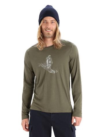 Men's Icebreaker Merino Tech Lite II T-Shirt Skiing Yeti Long Sleeve Loden | CA 1721AHKP